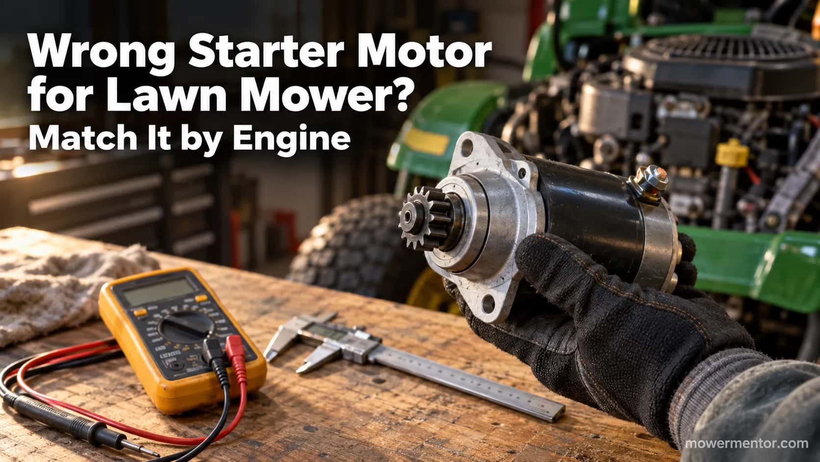 Lawn mower starter motor held over a workbench for a fitment and buyer's guide