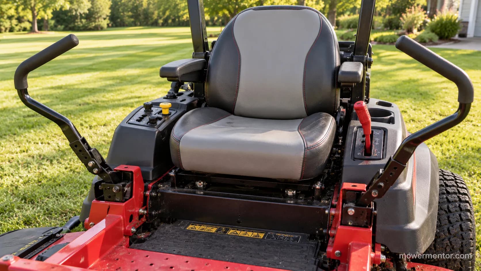 Zero-turn mower lap bars in neutral and parking brake engaged to start.
